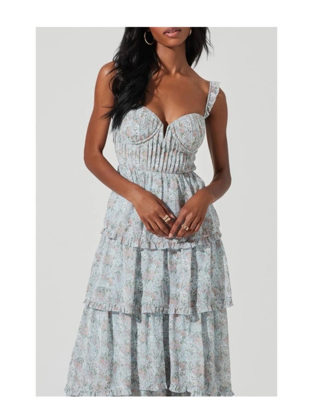 Astr Smocked Bust Tiered Maxi Dress in Pale Blue Floral
